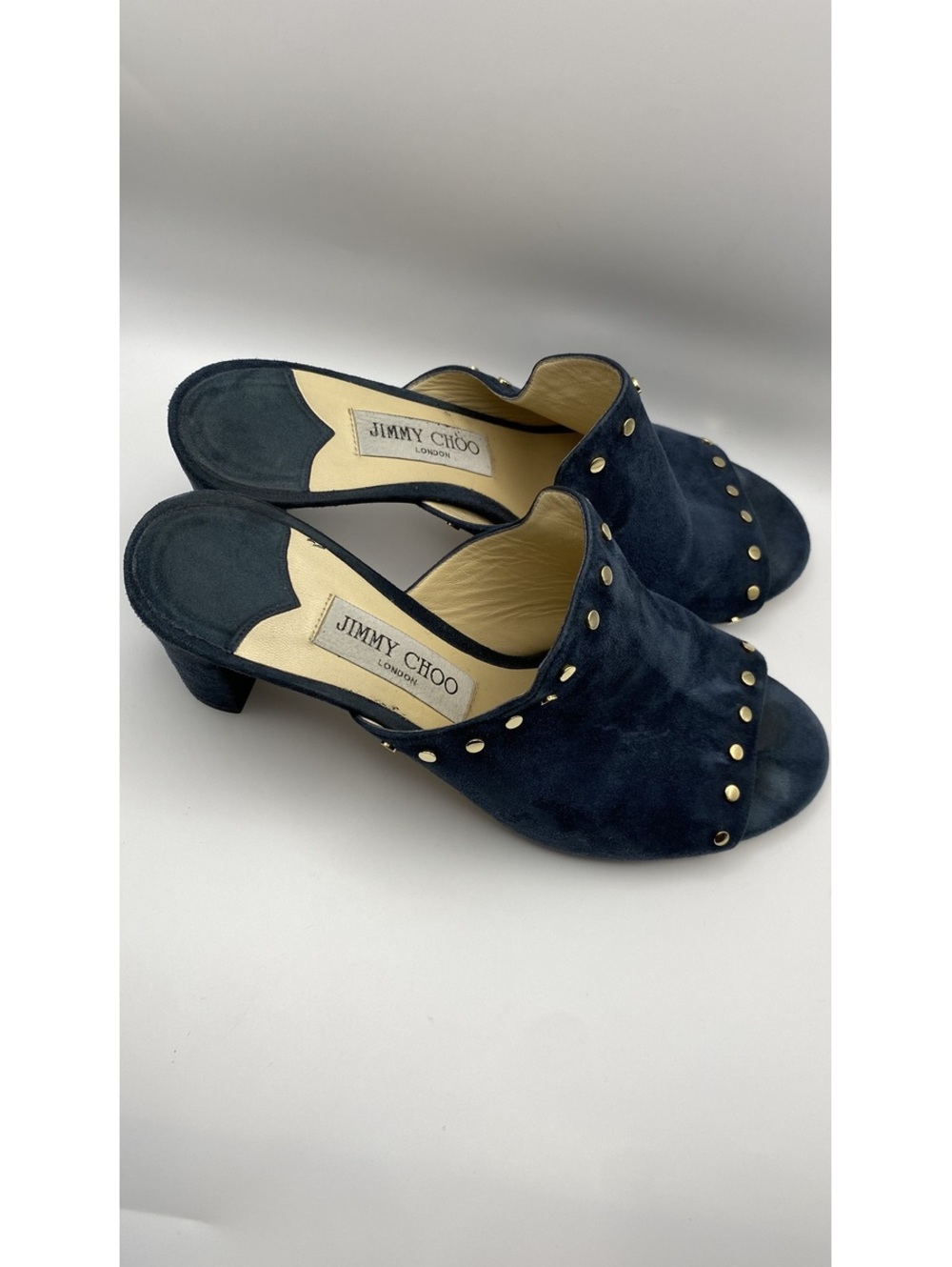 Jimmy Choo Navy Blue Suede Studded Open Toe Mules Size 39